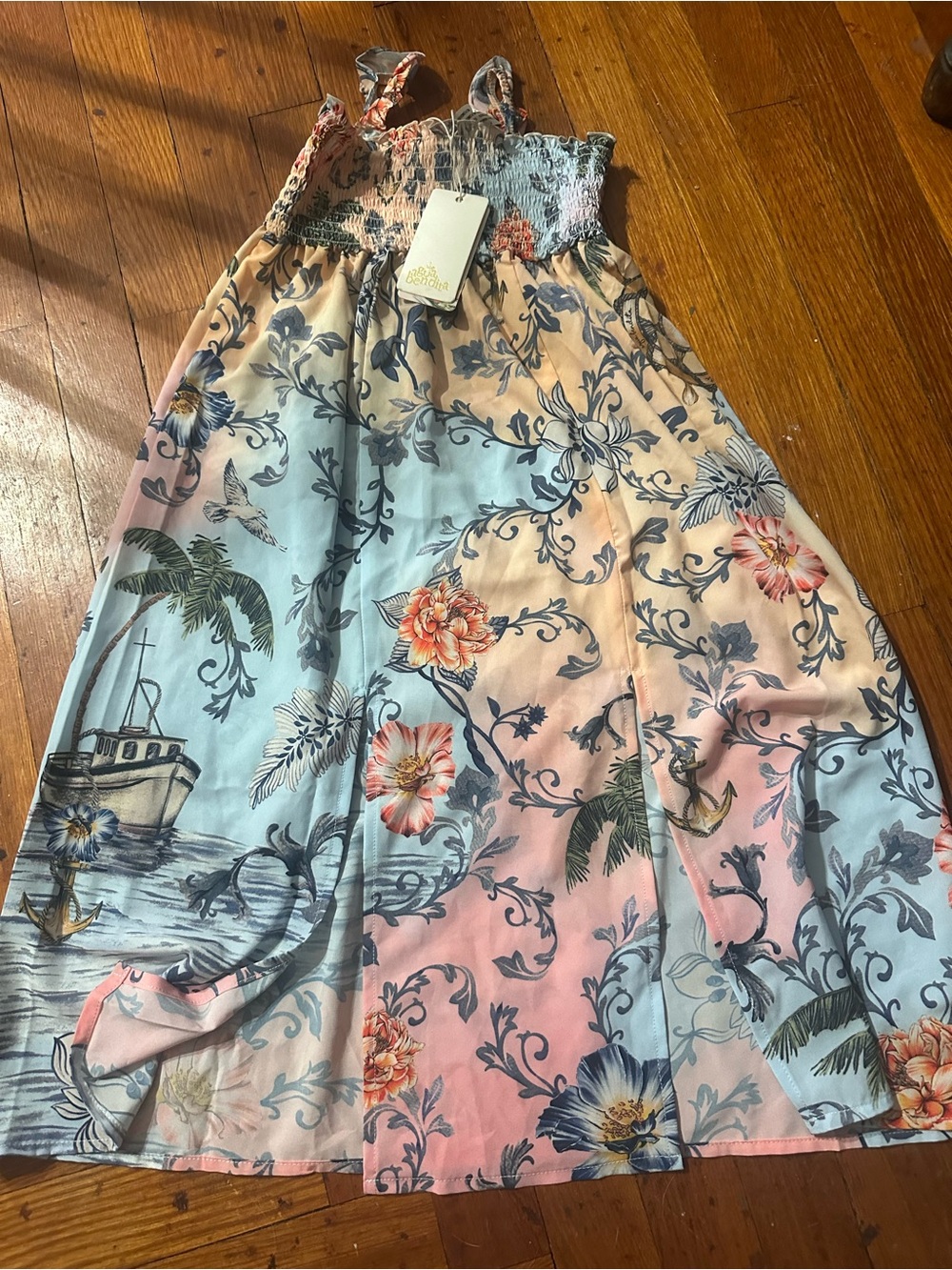 Agua Bendita Girls Floral Beach Print Dress in Pastel Blue and Peach size 2